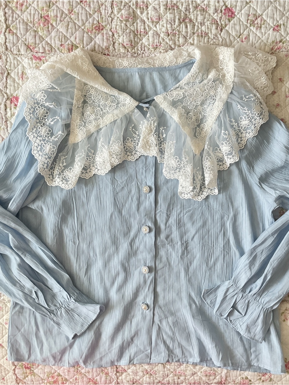 Light Blue Women's Blouse with White Lace Collar